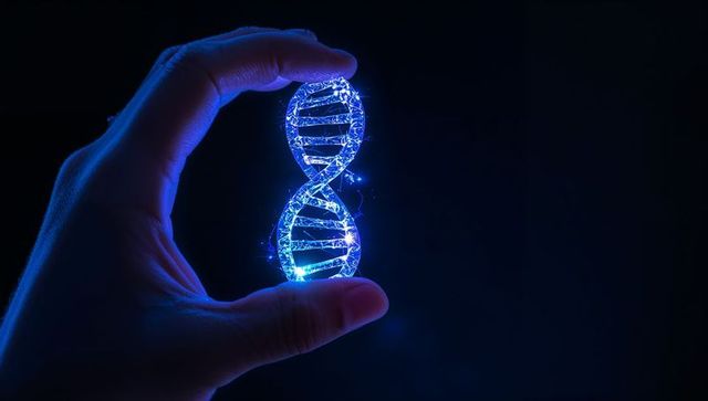 Hand holding glowing dna helix hologram with blue neon sparks for biotech and ai