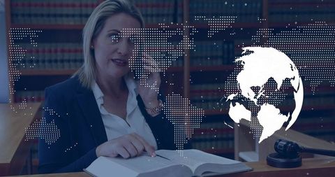 Female attorney consulting and researching legal texts in law library with global overlay