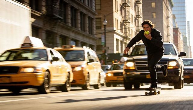Skateboarding commuter grabbing green apple while weaving through busy downtown traffic