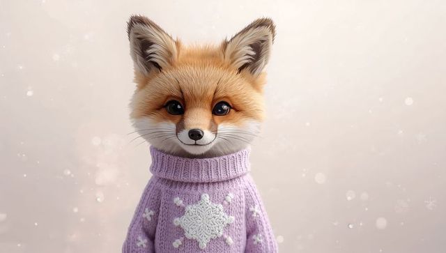 Charming red fox wearing lavender knit sweater with snowflake motif, cute portrait