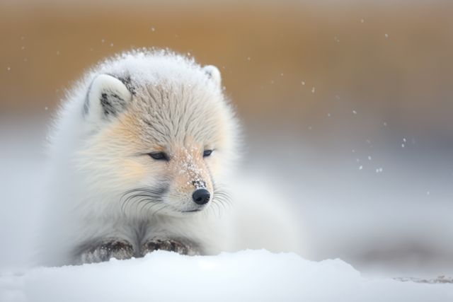 Adorable Arctic fox cub resting on snowy ground in winter setting. Ideal for nature, wildlife, and animal photography themes. Can be used for educational content about Arctic wildlife or winter-themed designs.