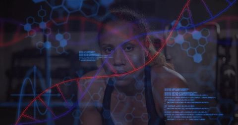 Female Athlete Training with Futuristic DNA Helix Overlay for Genetics Performance