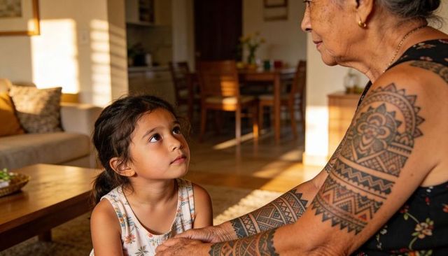 Tattooed grandmother holding granddaughter, tender family bond in sunlit living room