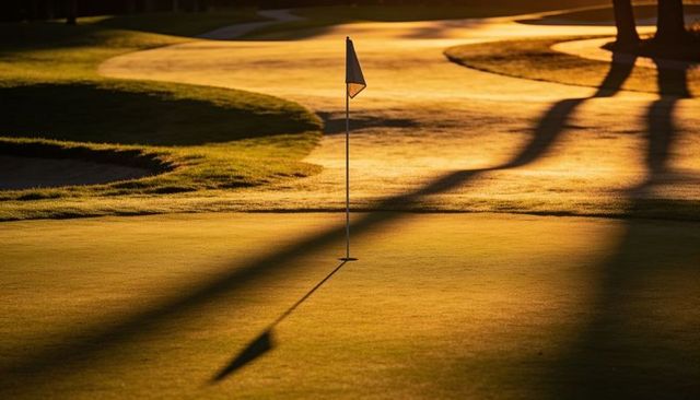 Golf flagstick casting long shadow on sunlit putting green during golden hour