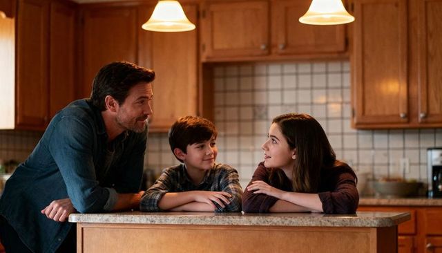 Father leaning and chatting with teen daughter and young son on cozy wood kitchen island, warm light
