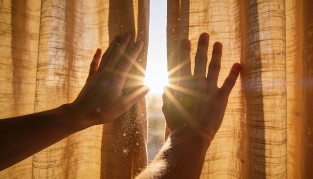 Parting curtains revealing sunbeam and dust in warm golden morning glow