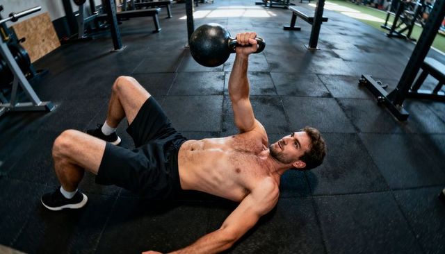 Shirtless man performing single-arm kettlebell floor press showing strength and focus