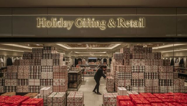 Retail worker stacking holiday gift pyramids in department store window display