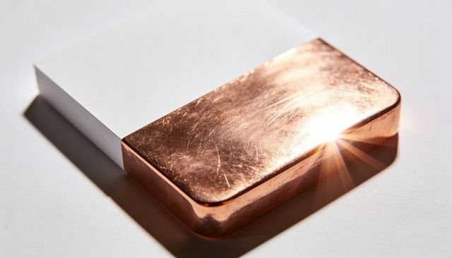 Polished copper bar resting on white surface with starburst flare and deep shadow