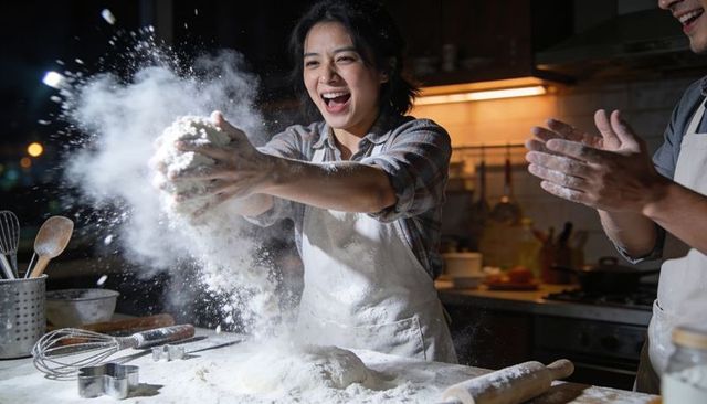 Joyful couple baking and tossing flour cloud in cozy home kitchen during evening fun