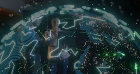 Executives analyzing futuristic 3d holographic world map