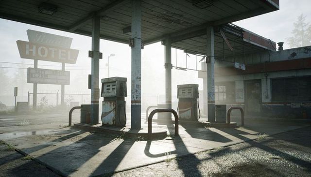 Sunlit abandoned gas station forecourt with vintage pumps, weathered motel sign, mist