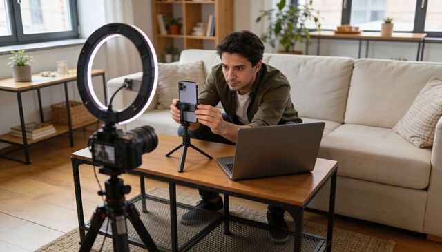 Young Creator Adjusting Smartphone and Ring Light for Live Streaming and Vlogging at Home