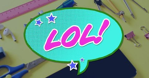 Comic-style lol on vibrant study desk with stationery items