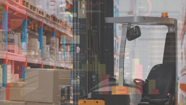 Video shows a warehouse scene with a forklift transporting boxes. Overlay of digital statistical data graphic indicates technology integration in logistics and inventory management. Useful for subjects like digital transformation in logistics, warehouse automation, analytics in supply chain, industrial technology advancements.