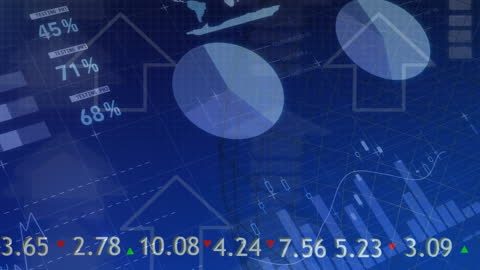 Animated Financial Data with Charts and Graphs on Blue Background
