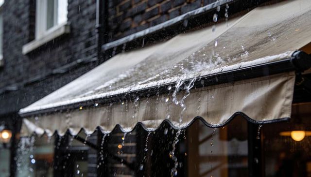 Beige scalloped canvas awning cascading rain over brick storefront with warm lamp glow