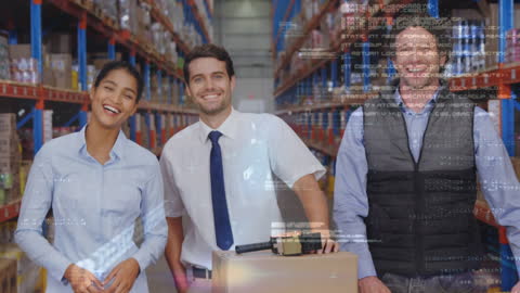 Warehouse Supervisors Smiling Amidst Digital Data Animation