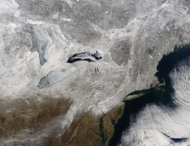 Snow-Covered Northeastern United States from Space on Last Day of Meteorological Winter 2014 - Download Free Stock Images Pikwizard.com