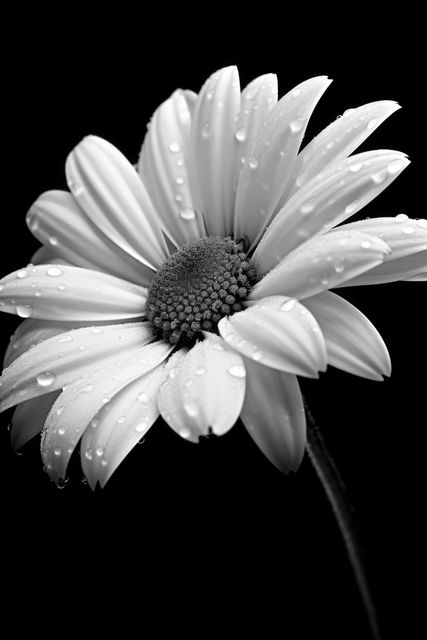 Monochrome close-up of a daisy flower with water droplets on its petals. High contrast captures the fine details of the petals and droplets, highlighting the simplicity and elegance of nature. Ideal for use in nature-themed designs, wall art, inspirational posters, and minimalist décor.