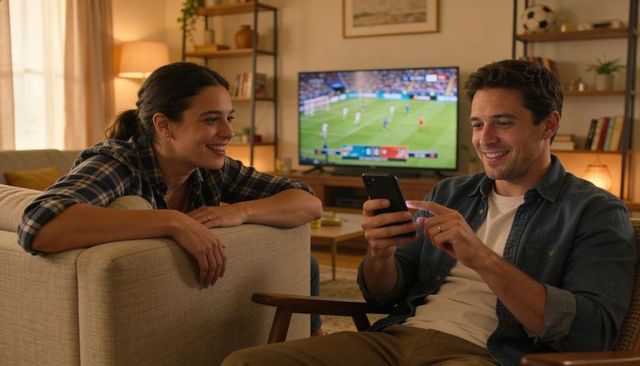 Couple watching live soccer on tv while sharing smartphone and smiling in cozy living room
