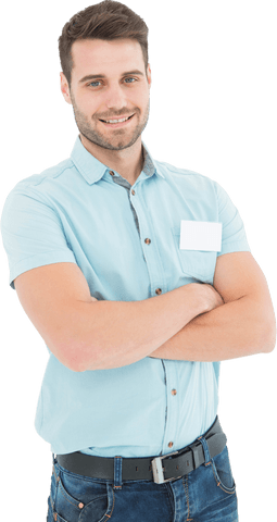smiling delivery man in blue shirt with name patch - Download Free Stock Videos Pikwizard.com