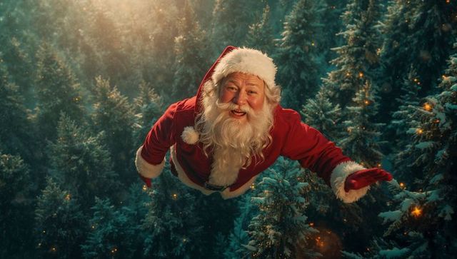 Soaring Santa Claus Above Enchanted Snowy Forest