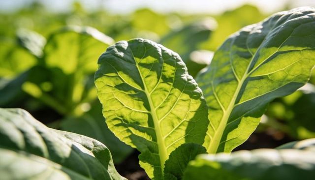 Sunlit glowing lettuce leaf revealing veins, backlit macro of translucent green foliage