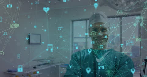 Caucasian Surgeon with Digital Connectivity Illustrations in Hospital