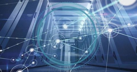Data center network overlay showing server rack aisle, futuristic digital connectivity