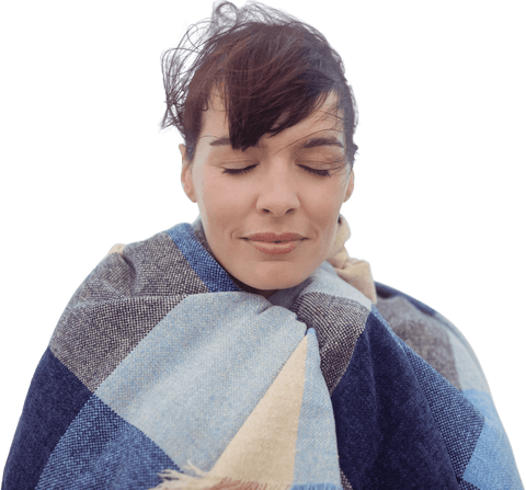 caucasian woman wrapped in plaid blanket with eyes closed transparent background - Download Free Stock Videos Pikwizard.com