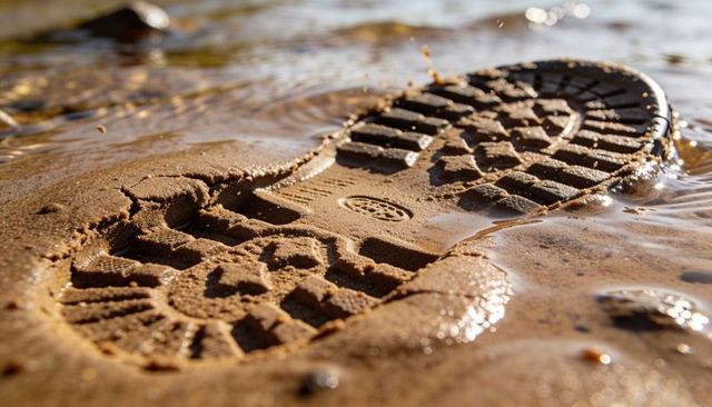 Boot sole imprint sinking into wet sand at shoreline, water filling tread patterns