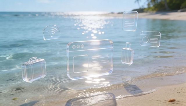 Transparent holographic travel interface floating over tropical beach sunlit shoreline