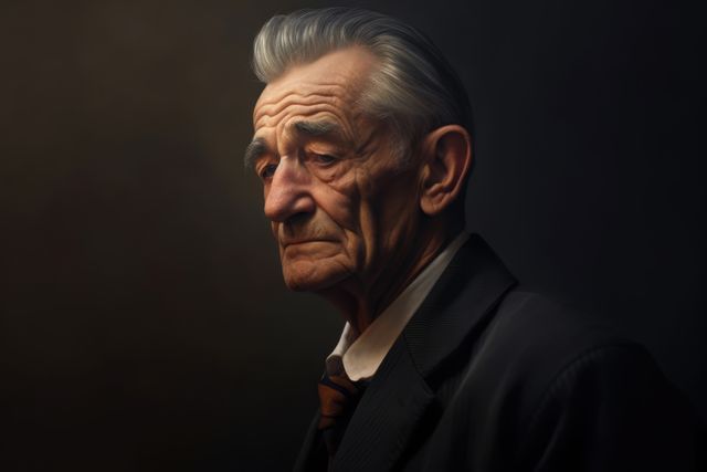 Portrait of pensive old man on dark background, created using generative ai technology. Portraiture, old age and facial expressions concept digitally generated image.