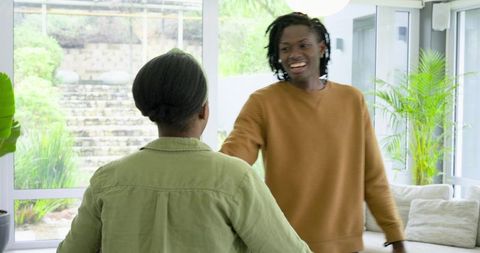 African American Couple Greeting and Smiling in Sunlit Contemporary Living Room