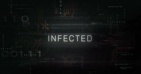 Infected cyber alert glitch screen with binary code, circuit traces, futuristic dark ui