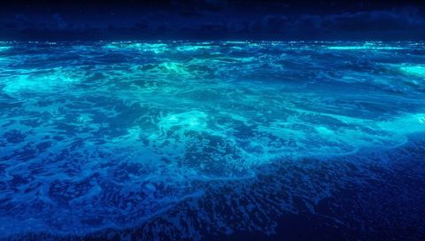 Bioluminescent ocean waves illuminating turquoise night shoreline with foamy surf