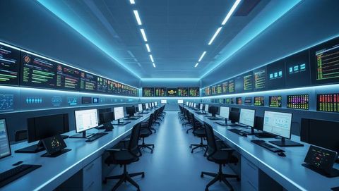 Futuristic control center with digital display panels and led lighting