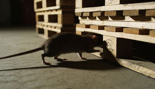 Nocturnal rat scurrying along warehouse floor beside stacked wooden pallets and shadow