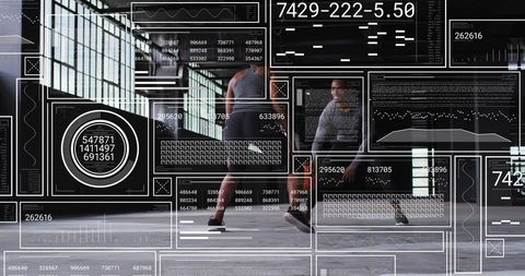 Fitness Partners Moving Through Industrial Gym with Augmented HUD Showing Workout Metrics