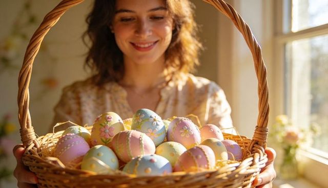 Woman holding wicker basket of hand-painted pastel easter eggs by sunlit window