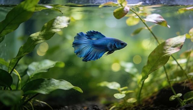 Blue betta splendens swimming in planted freshwater aquarium with lush green plants