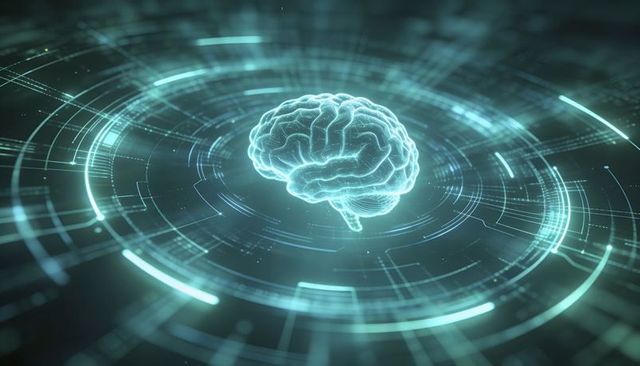 Holographic brain network visualizing ai neural interface with futuristic hud rings