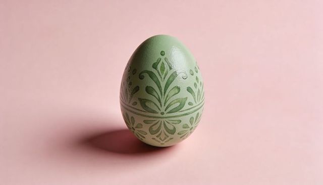 Pastel green decorative easter egg featuring botanical stencil pattern on pink backdrop