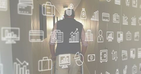 Senior walking with wheeled walker down narrow corridor with finance icons symbolizing independence