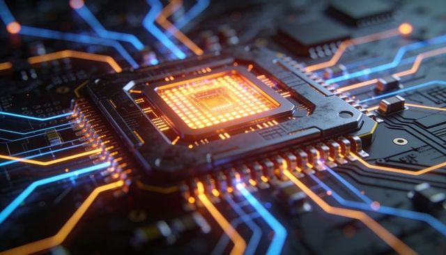 Glowing Neural Processor Core Powering Neon Circuit Traces on High-Tech PCB