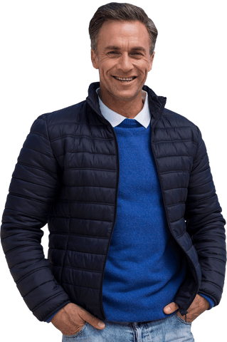 Transparent portrait of mature man smiling in blue jacket