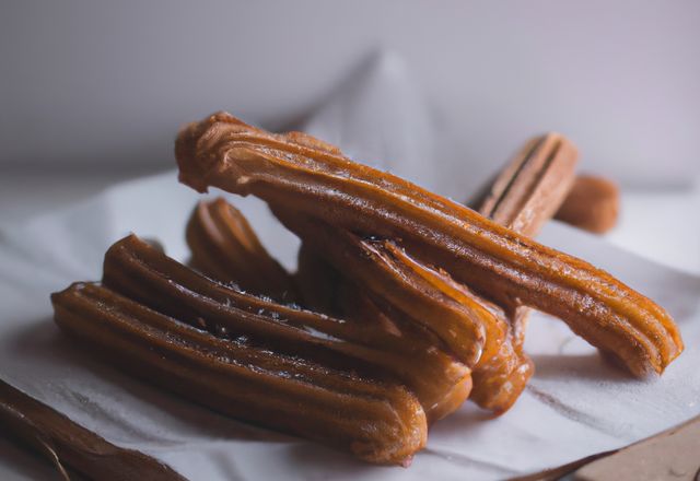 Freshly fried churros stacked on parchment paper in close-up. Pieces are crispy and golden brown, showing delicious texture. Ideal for bakery promotion, culinary blogs, or food-themed publications.