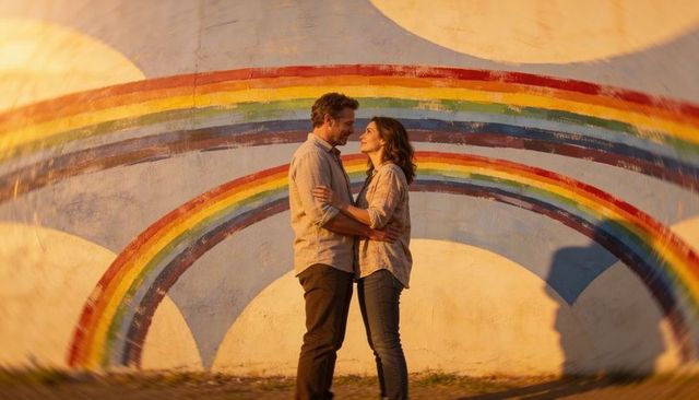 Middle-aged couple embracing before colorful rainbow mural during warm golden hour light