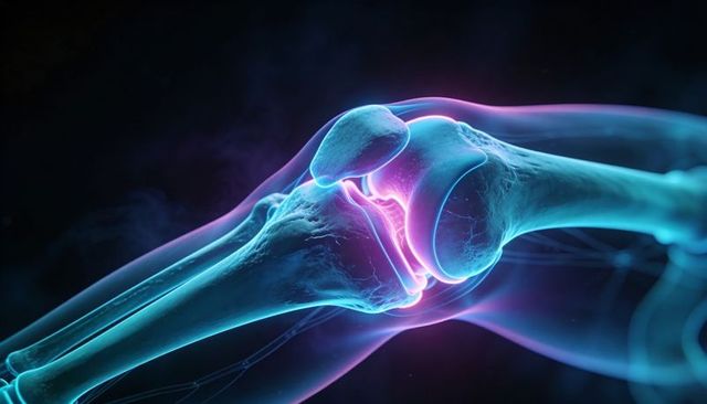 Neon 3D Knee Joint Visualization Showing Femur Tibia Patella Cartilage and Joint Anatomy